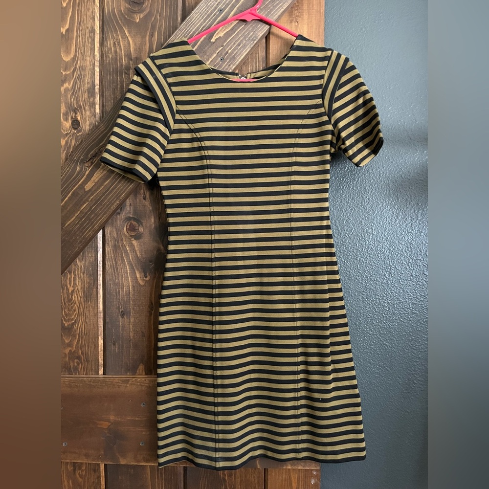 French Connection Striped Black and Olive Green Mini Dress